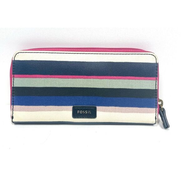 Fossil Eliza Blue Striped Multicolor Accordion Zip Wallet - Picture 1 of 5